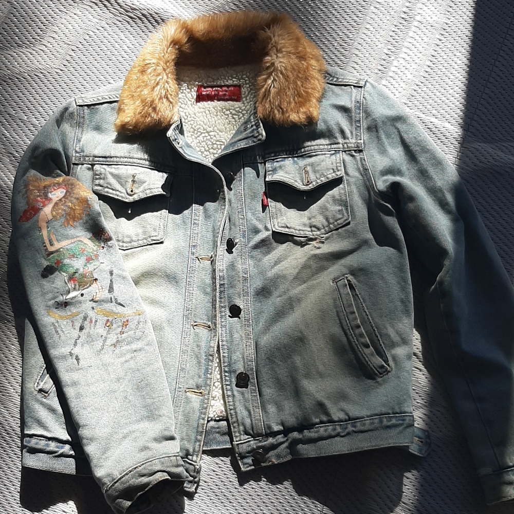 Faux fur collar Jean jacket w/ hand painted sleeve